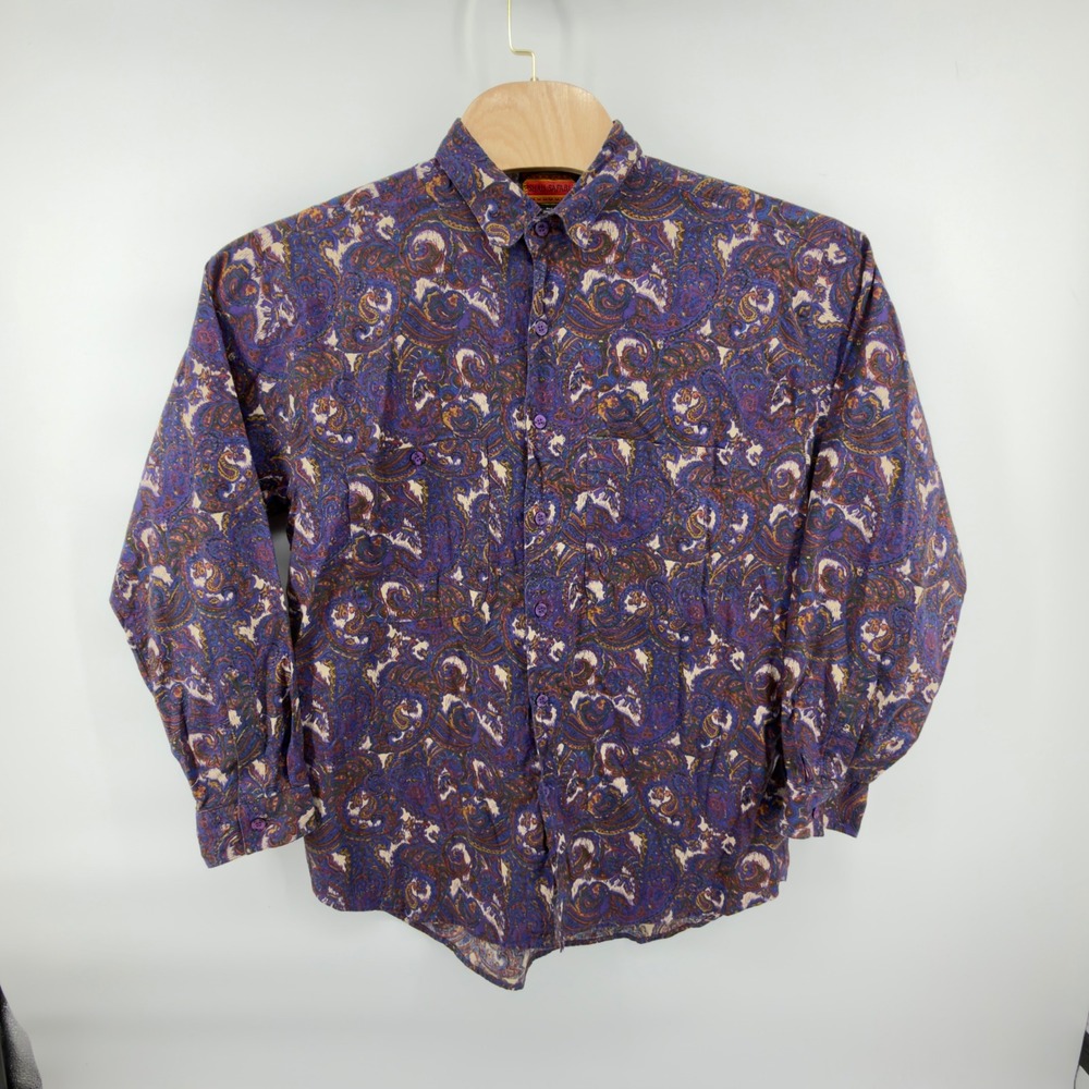 Vintage 90s Shah Safari Paisley Shirt Mens L Purple Blue Red Yellow Cotton